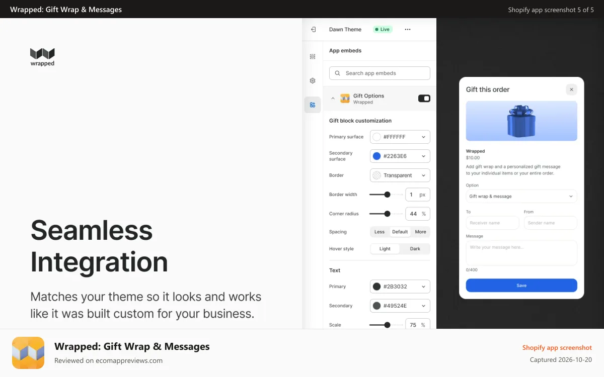 Wrapped: Gift Wrap & Messages Shopify app screenshot: Seamlessly match gift blocks to your brand and storefront theme