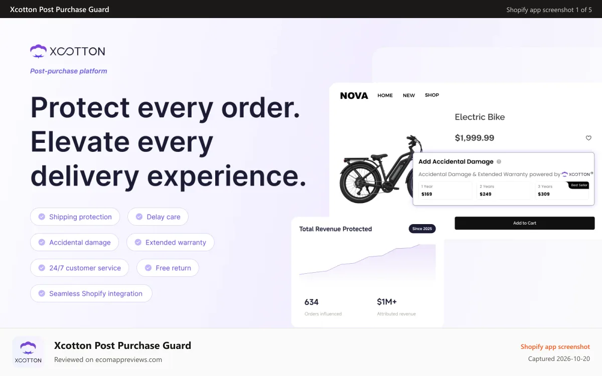 Xcotton Post Purchase Guard Shopify app screenshot: Shipping protection protects order, increase customer experience