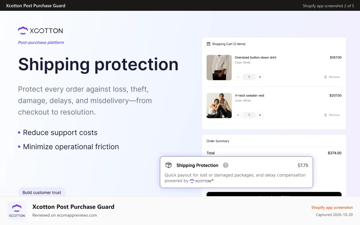 Xcotton Post Purchase Guard Shopify app screenshot: Protect order against loss, theft, damage, delays, misdelivery