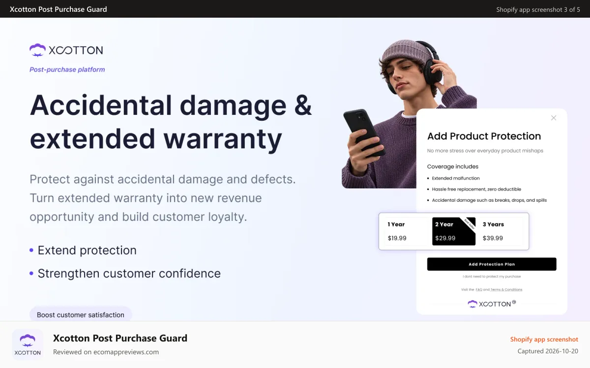 Xcotton Post Purchase Guard Shopify app screenshot: Protect product, unlock warranty revenue, build customer loyalty