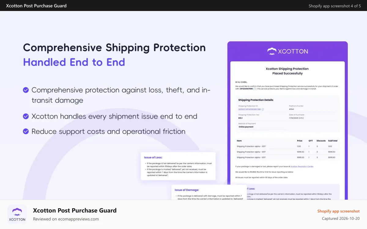 Xcotton Post Purchase Guard Shopify app screenshot: Comprehensive Shipping Protection
