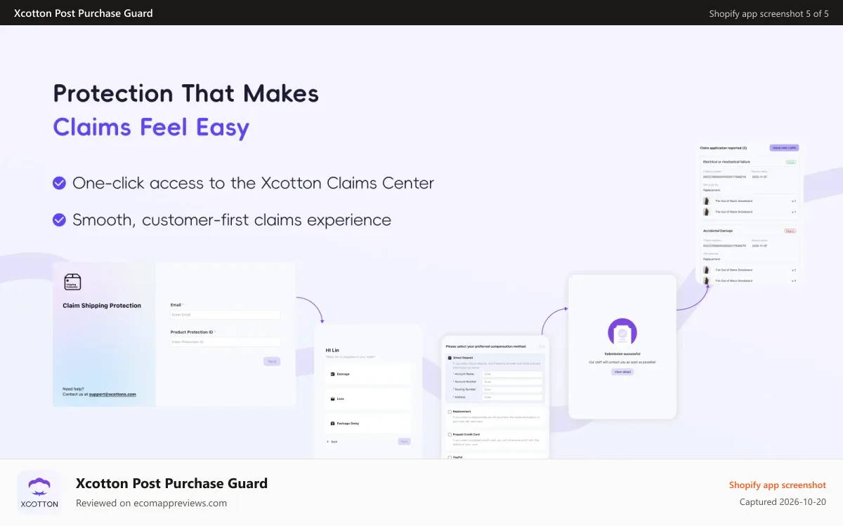 Xcotton Post Purchase Guard Shopify app screenshot: Fast & hassle-free claims management in one place