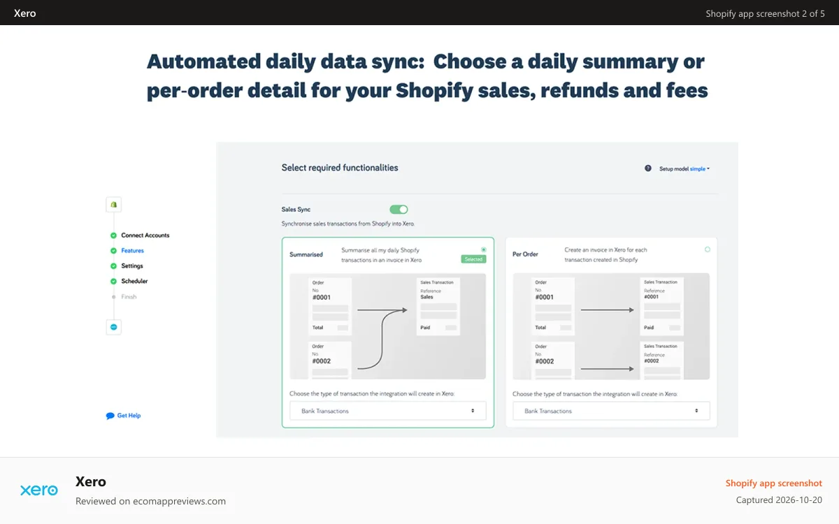 Xero Shopify app screenshot: daily syncs