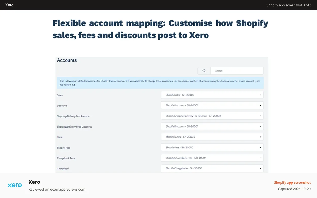 Xero Shopify app screenshot: account mappings