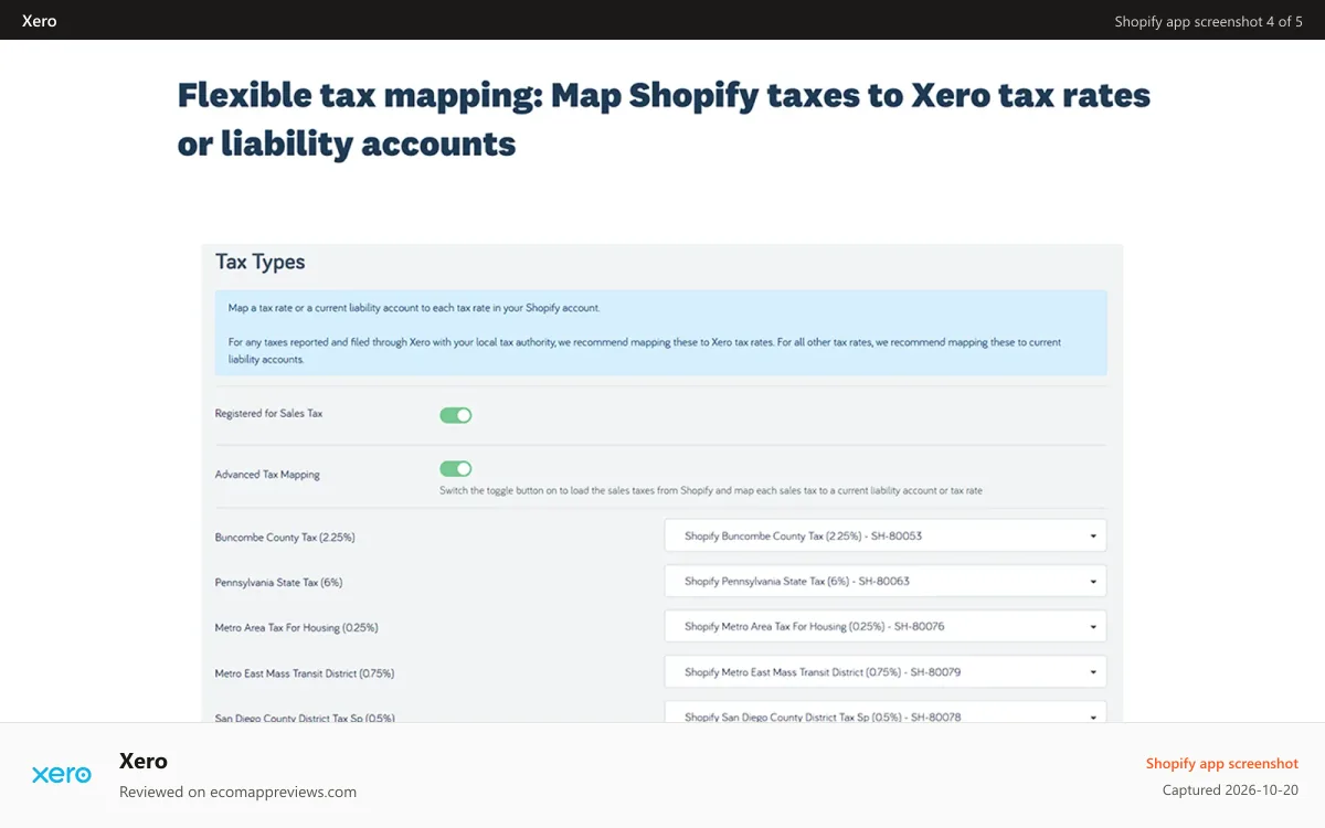Xero Shopify app screenshot: flexible tax mapping