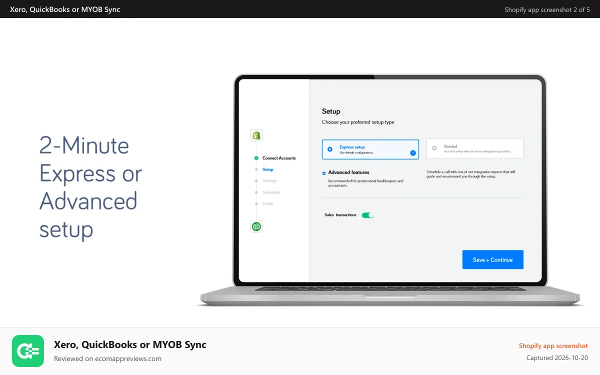 Xero, QuickBooks or MYOB Sync Shopify app screenshot: 2-minute express or advanced setup