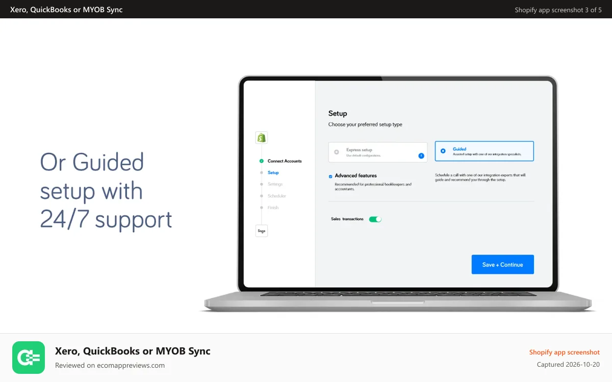 Xero, QuickBooks or MYOB Sync Shopify app screenshot: guided setup and 24/7 support team