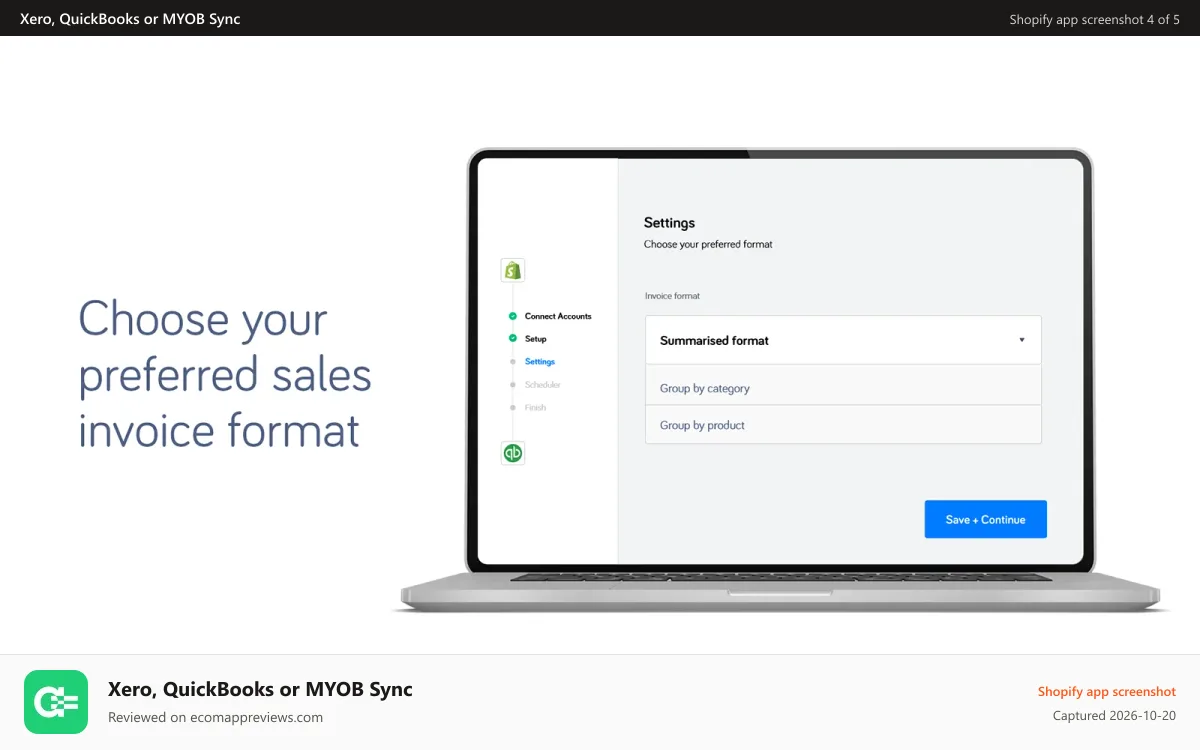 Xero, QuickBooks or MYOB Sync Shopify app screenshot: choose sales invoice format