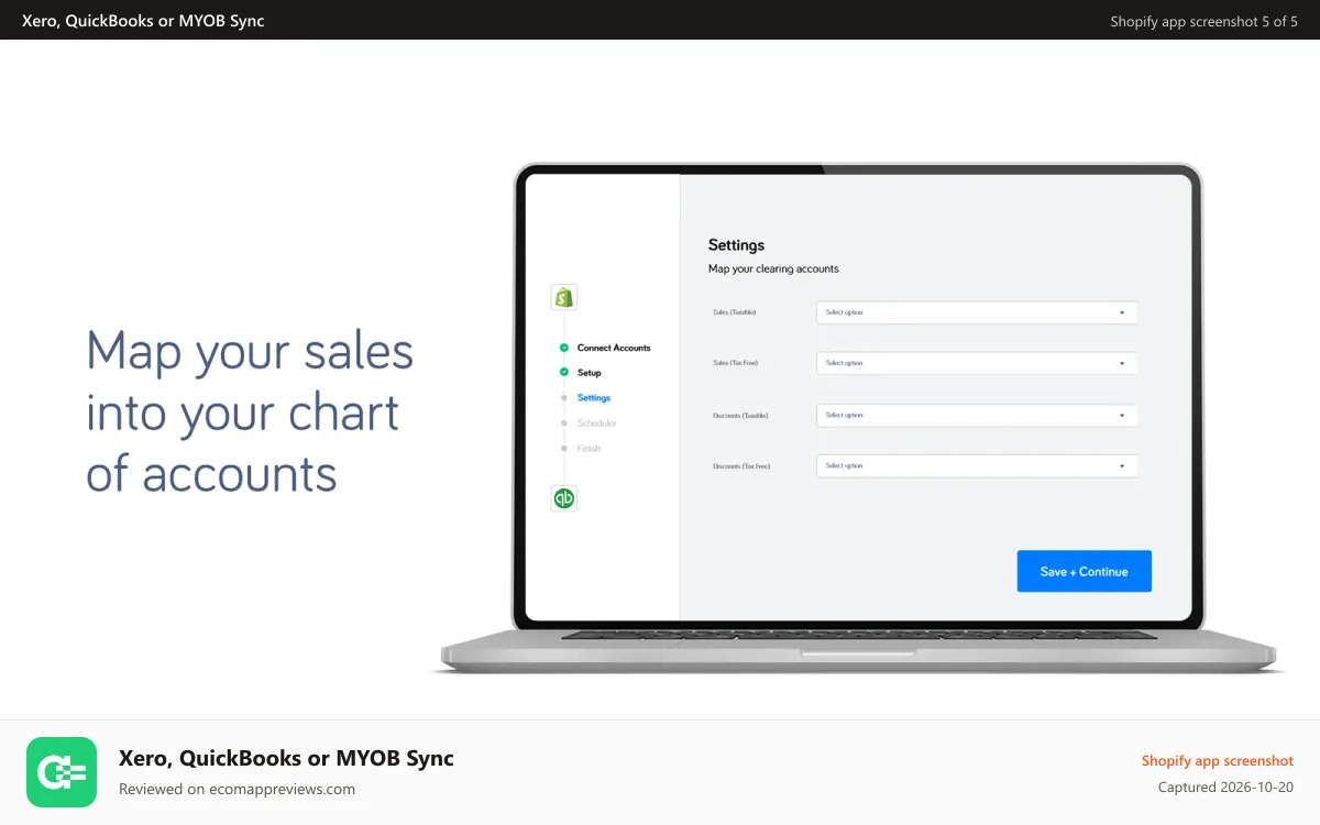 Xero, QuickBooks or MYOB Sync Shopify app screenshot: map shopify sales to chart of accounts