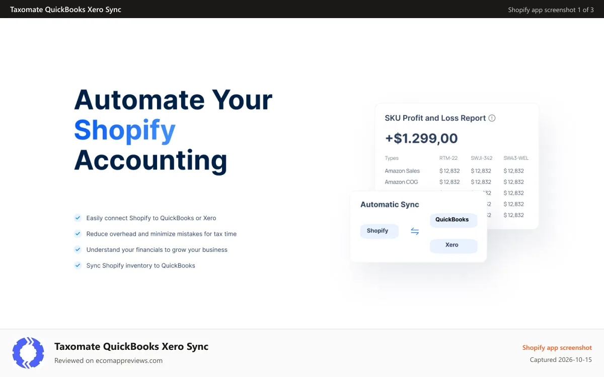 Taxomate QuickBooks Xero Sync Shopify app screenshot: shopify bookkeeping
