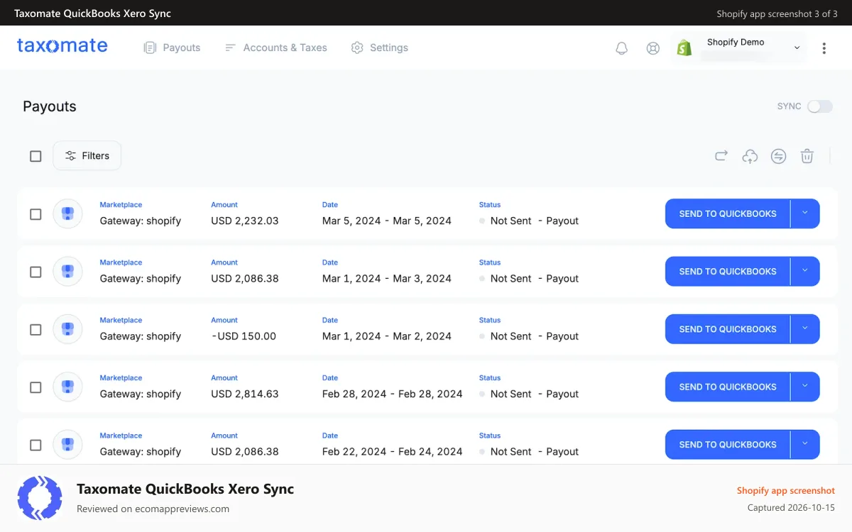 Taxomate QuickBooks Xero Sync Shopify app screenshot: quickbooks shopify integration