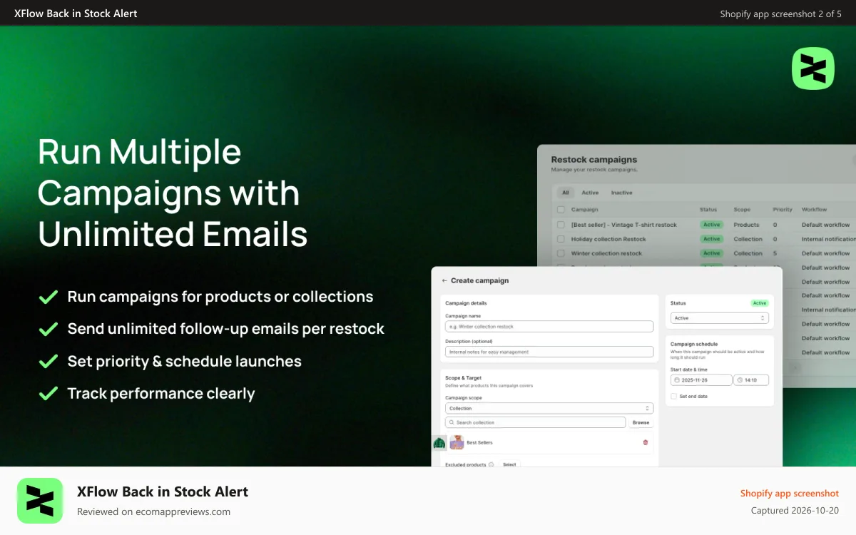 XFlow Back in Stock Alert Shopify app screenshot: Run targeted back-in-stock campaigns with unlimited emails