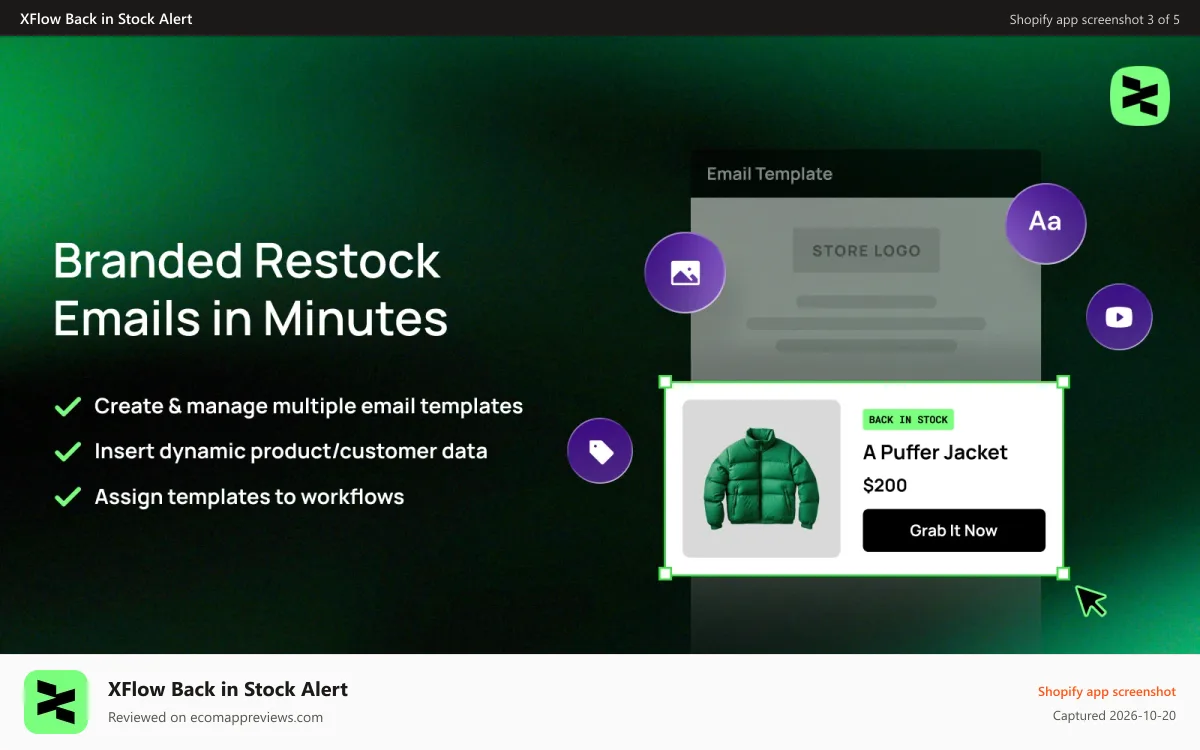 XFlow Back in Stock Alert Shopify app screenshot: Design branded and personalized restock emails