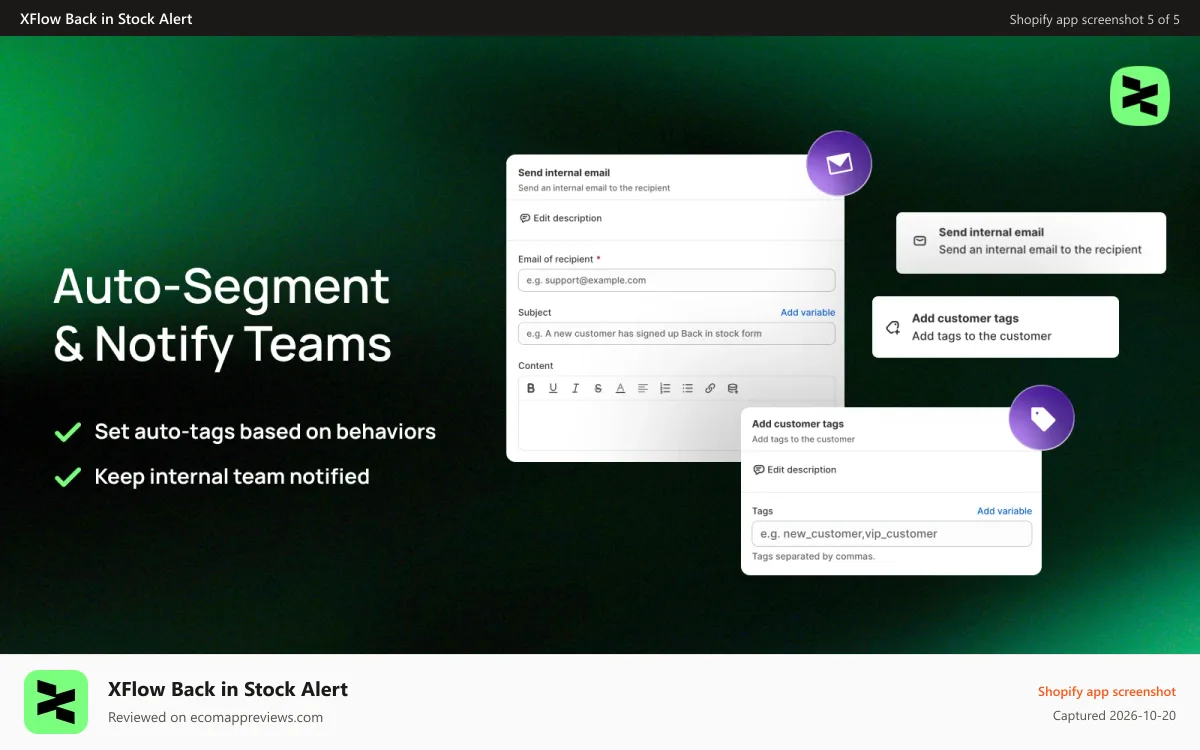 XFlow Back in Stock Alert Shopify app screenshot: Automatically Tag Customers for Targeting