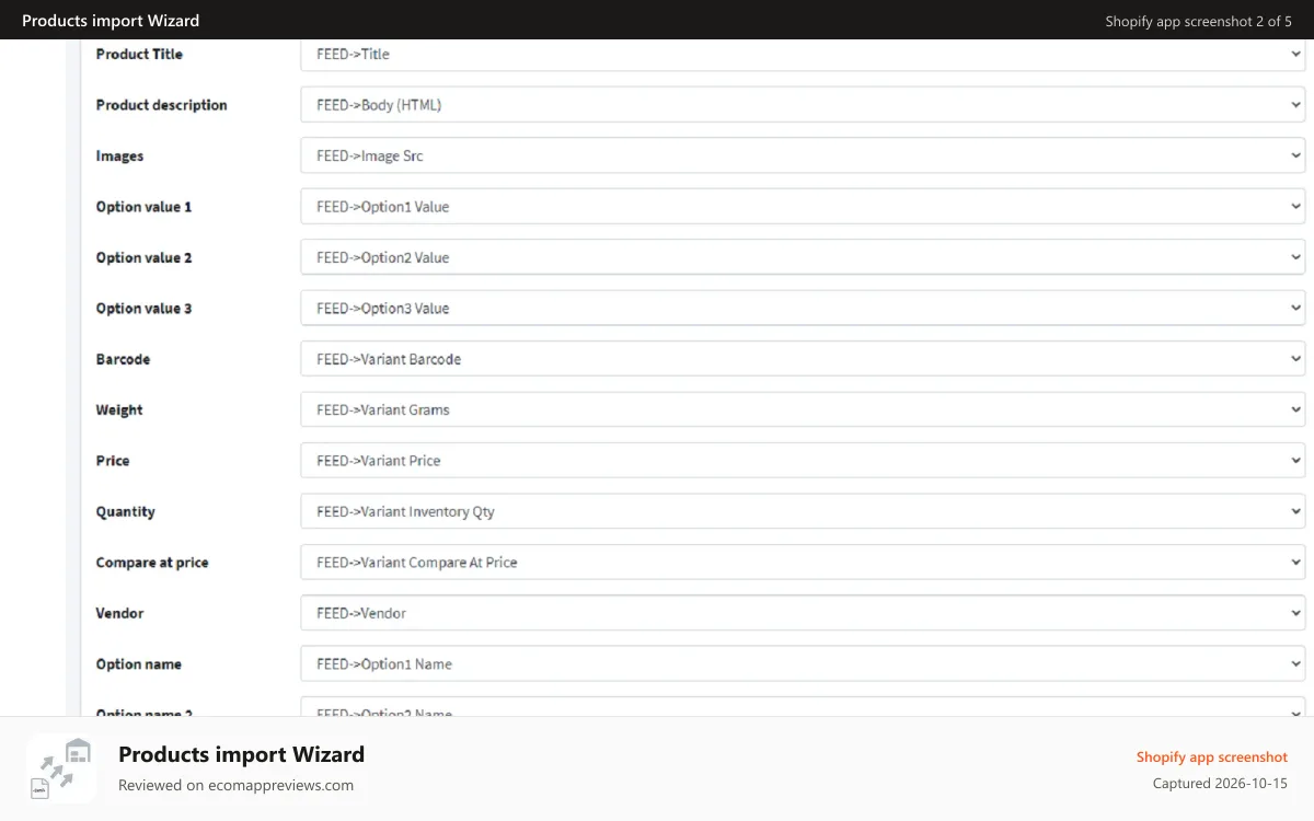 Products import Wizard Shopify app screenshot: variant fields connect to file