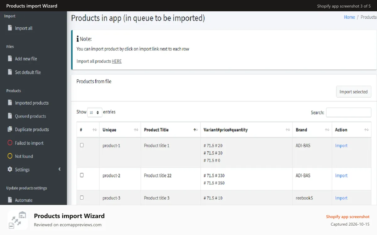 Products import Wizard Shopify app screenshot: test before upload - import from file