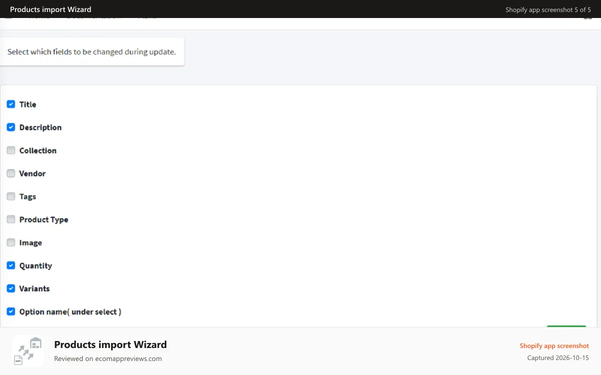 Products import Wizard Shopify app screenshot: Update quantity, price