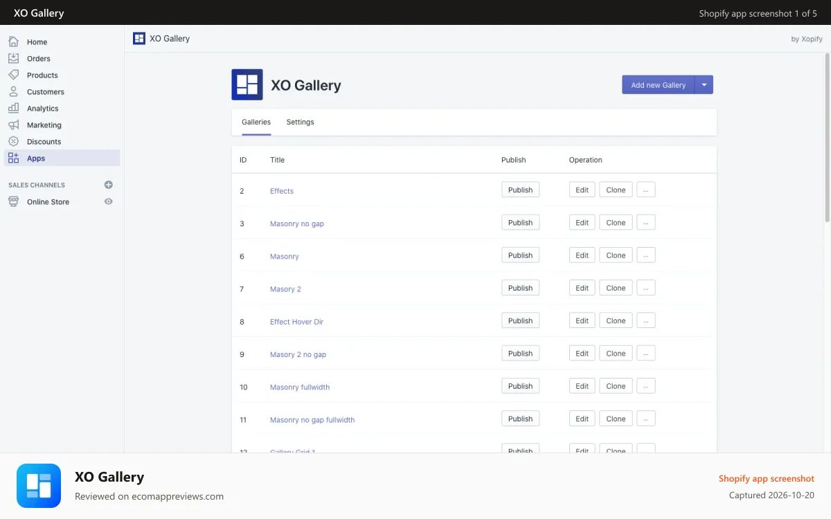 XO Gallery Shopify app screenshot: Gallery admin list page