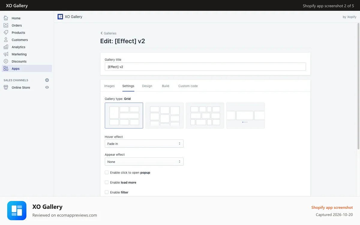 XO Gallery Shopify app screenshot: Gallery admin settings page