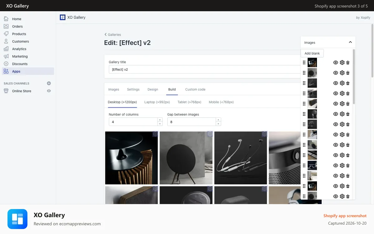 XO Gallery Shopify app screenshot: Gallery admin build page