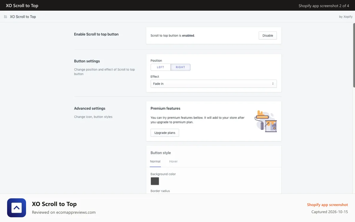 XO Scroll to Top Shopify app screenshot: Free dashboard