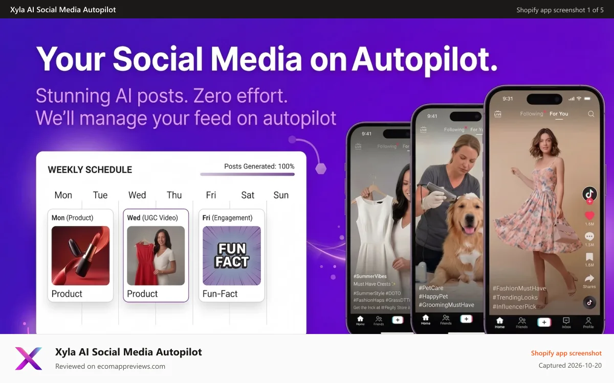 Xyla AI Social Media Autopilot Shopify app screenshot: Your social media on autopiliot