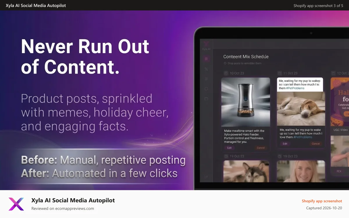 Xyla AI Social Media Autopilot Shopify app screenshot: Never run out of content