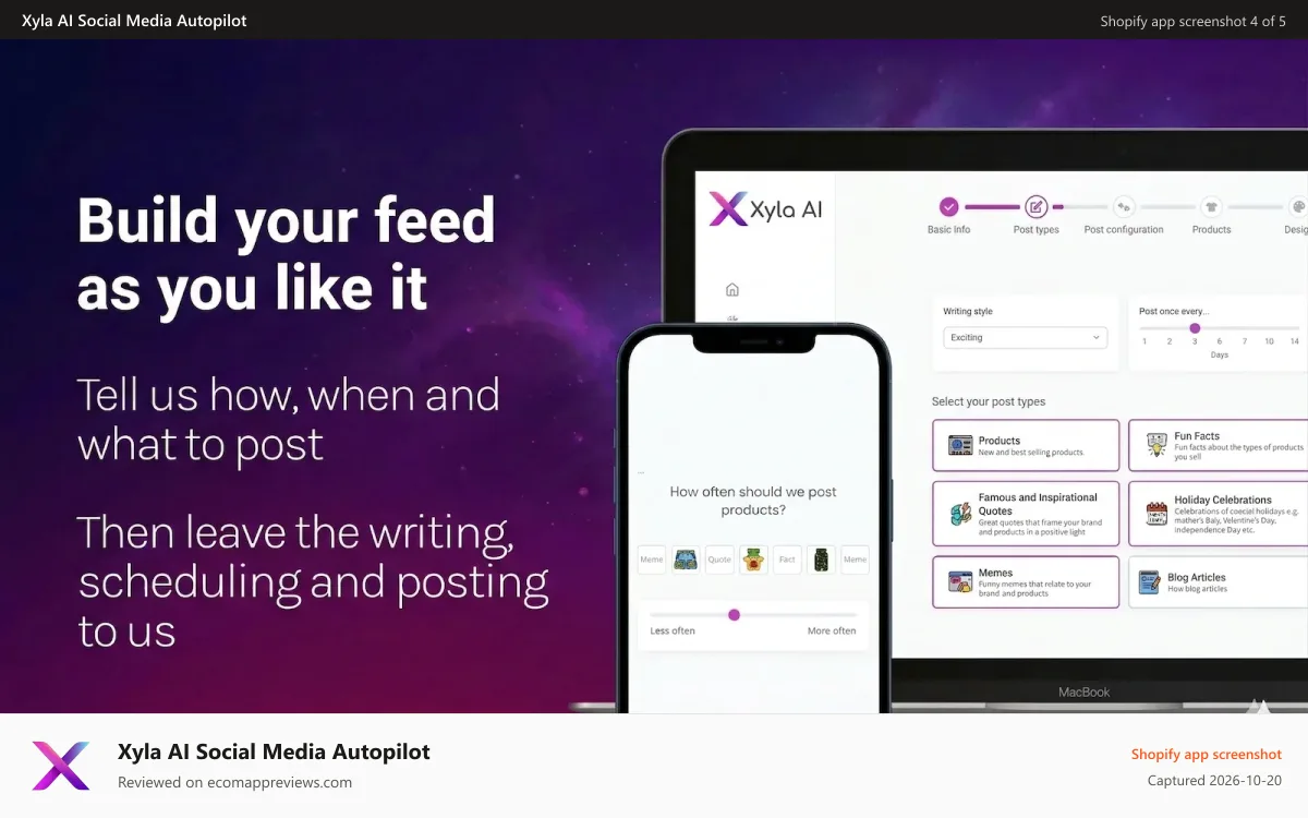 Xyla AI Social Media Autopilot Shopify app screenshot: Fully automated AI social media posting for Shopify