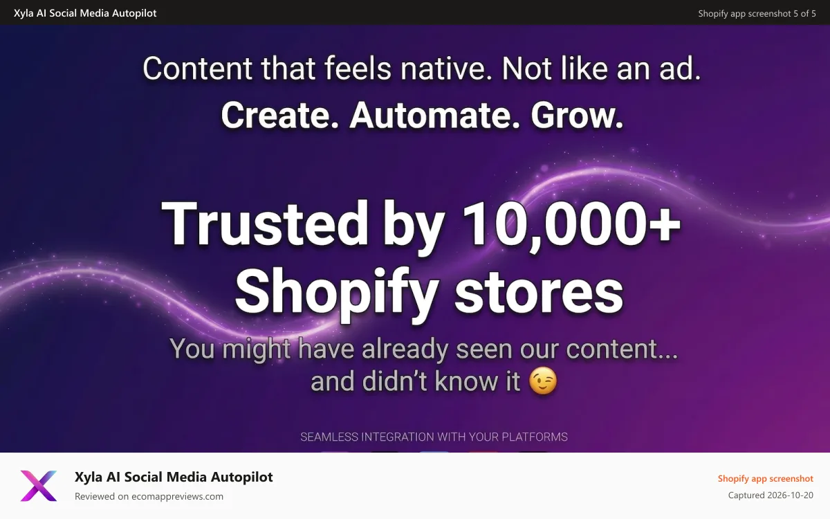 Xyla AI Social Media Autopilot Shopify app screenshot: Trusted by 10,000+ Shopify stores