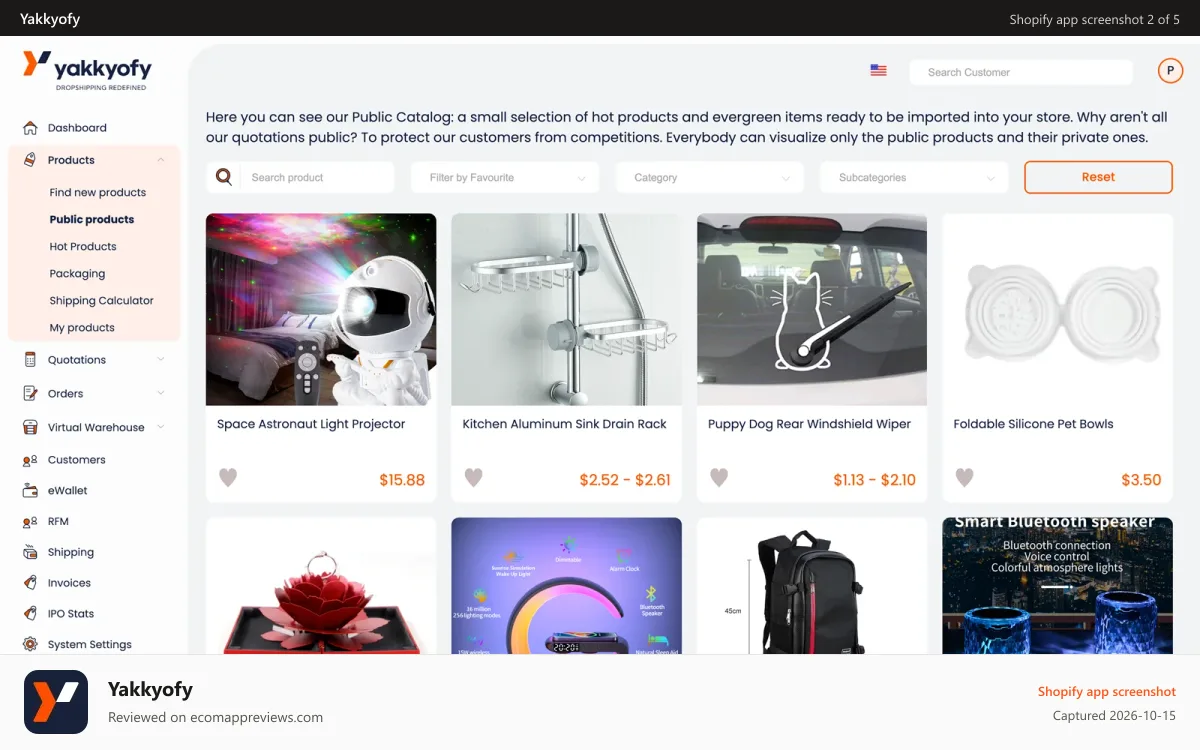Yakkyofy Shopify app screenshot: Yakkyofy catalog