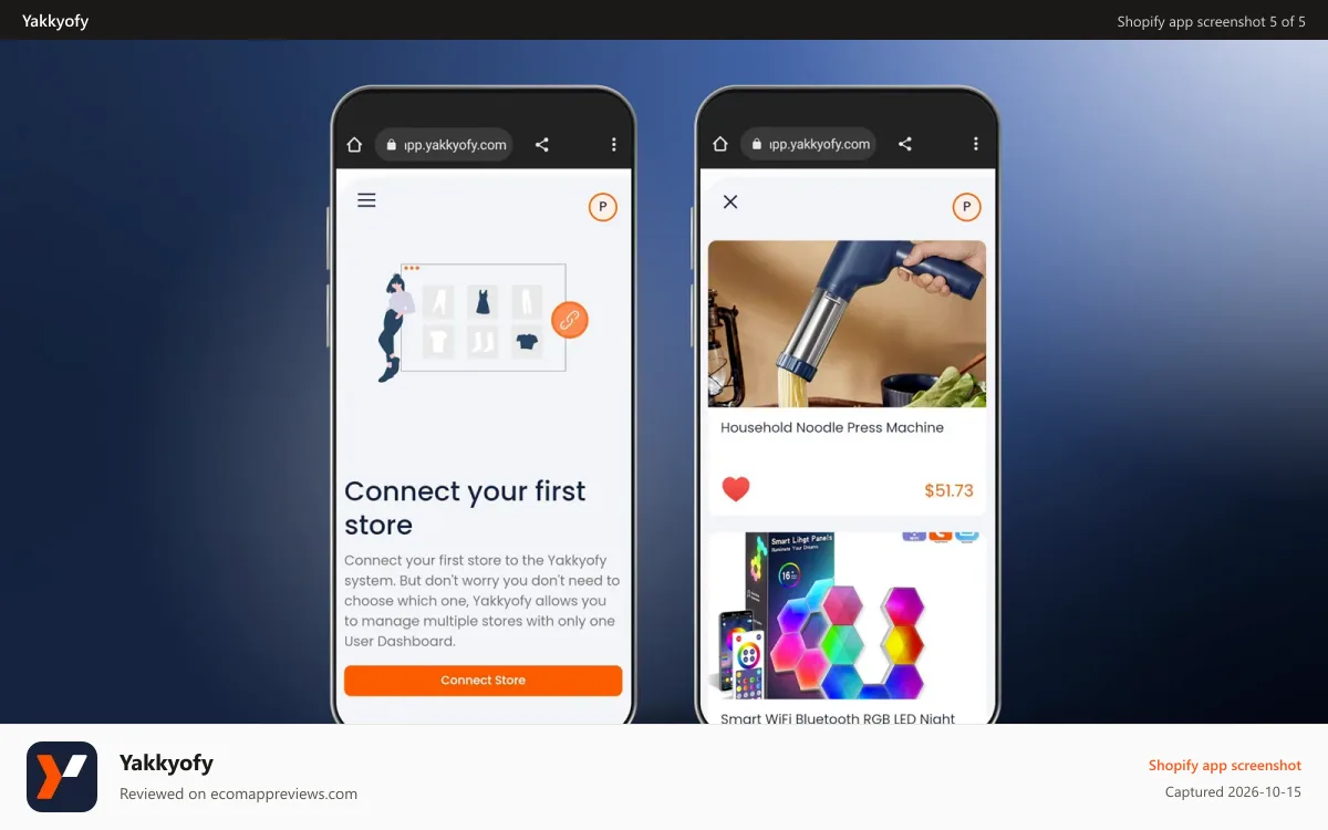 Yakkyofy Shopify app screenshot: Yakkyofy catalog and dashboard mobile version