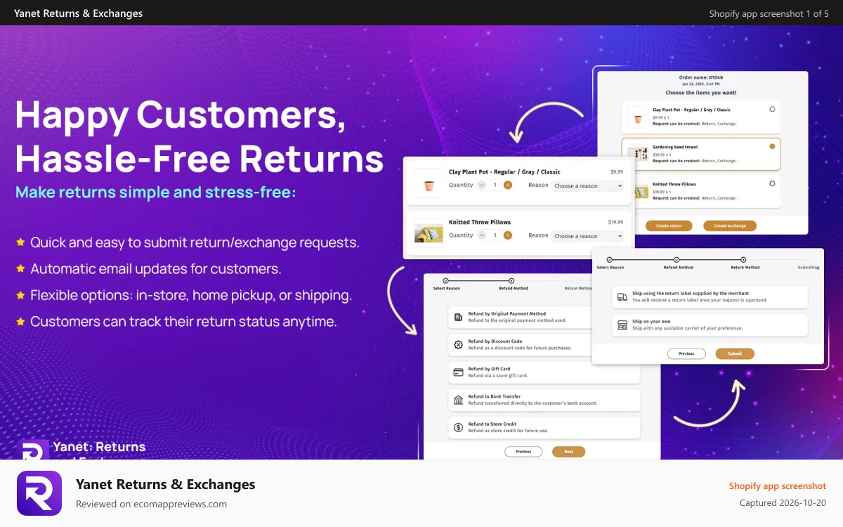 Yanet Returns & Exchanges Shopify app screenshot: Simple and easy return process