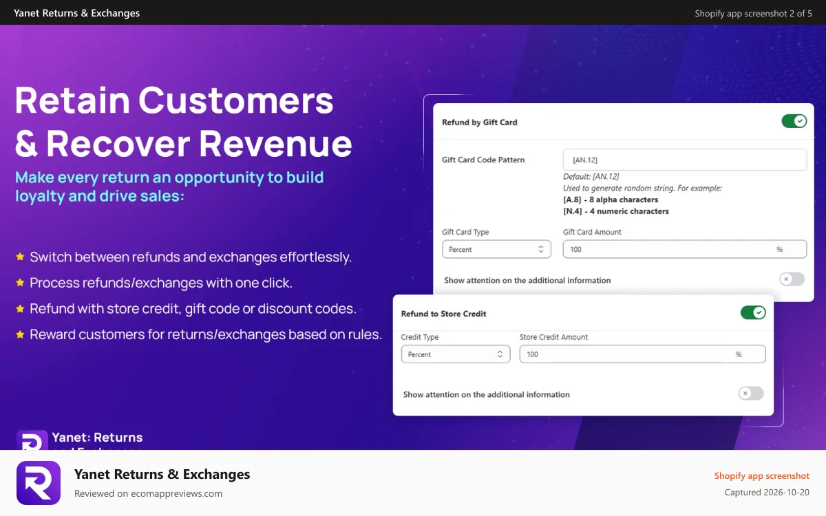 Yanet Returns & Exchanges Shopify app screenshot: Refund & Reward with credits, gift cards and discount codess