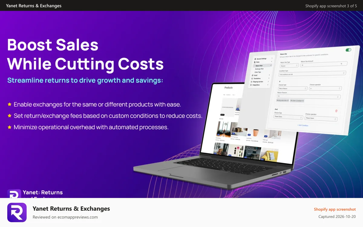 Yanet Returns & Exchanges Shopify app screenshot: Boost sales & reduce costs with return fees