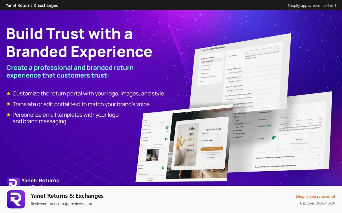 Yanet Returns & Exchanges Shopify app screenshot: Build the Return Portal page with your own branding style