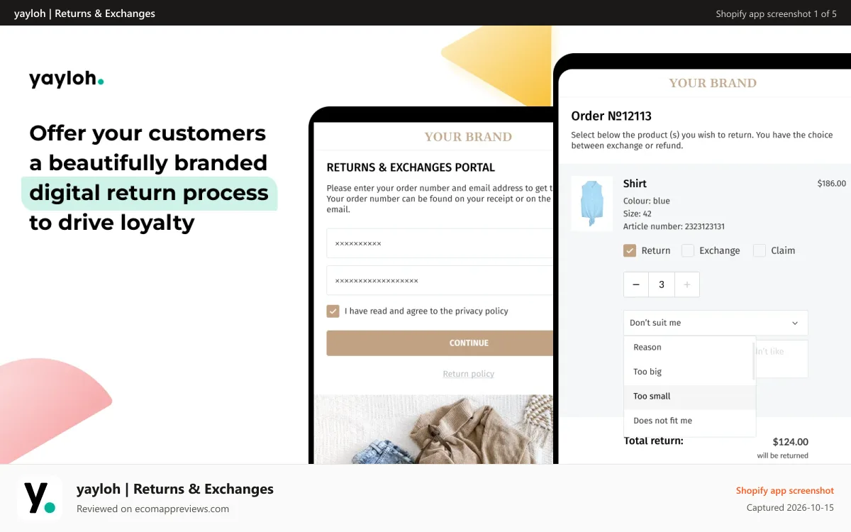 yayloh | Returns & Exchanges Shopify app screenshot: Fully branded digital return process to improve CX