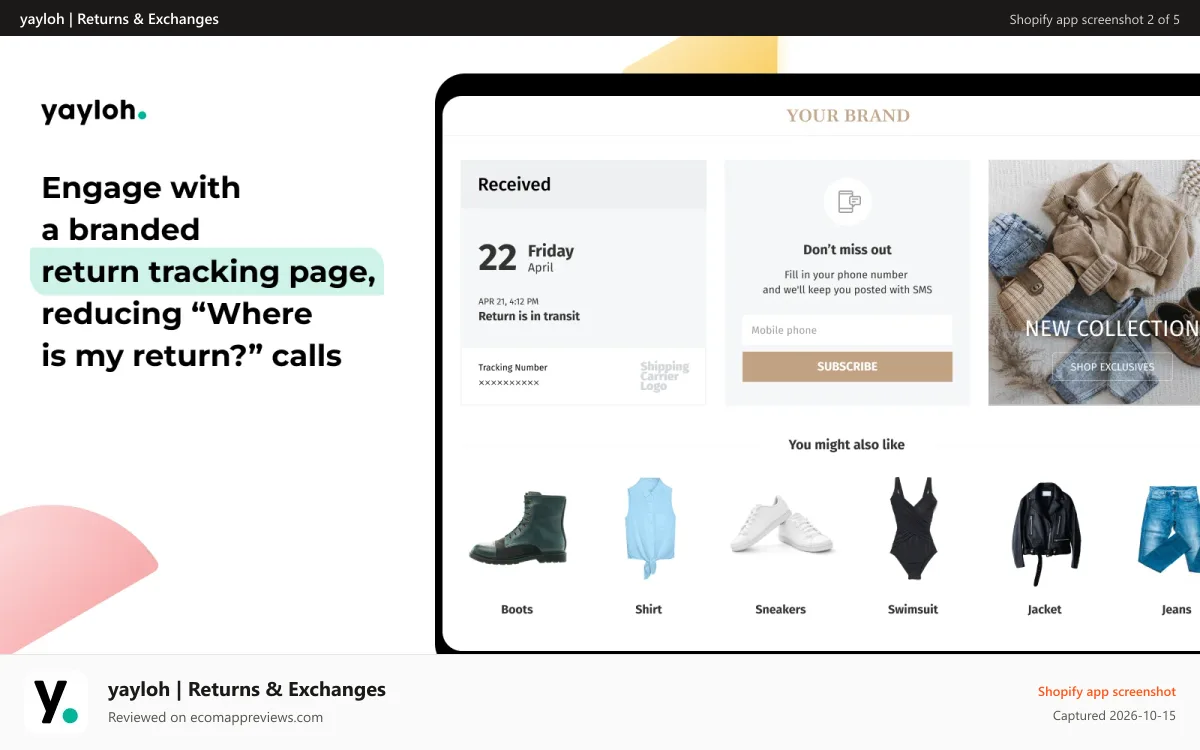 yayloh | Returns & Exchanges Shopify app screenshot: Branded return tracking page to increase loyalty