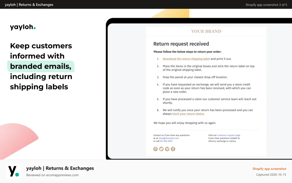 yayloh | Returns & Exchanges Shopify app screenshot: Automated return confirmation email and return shipping label