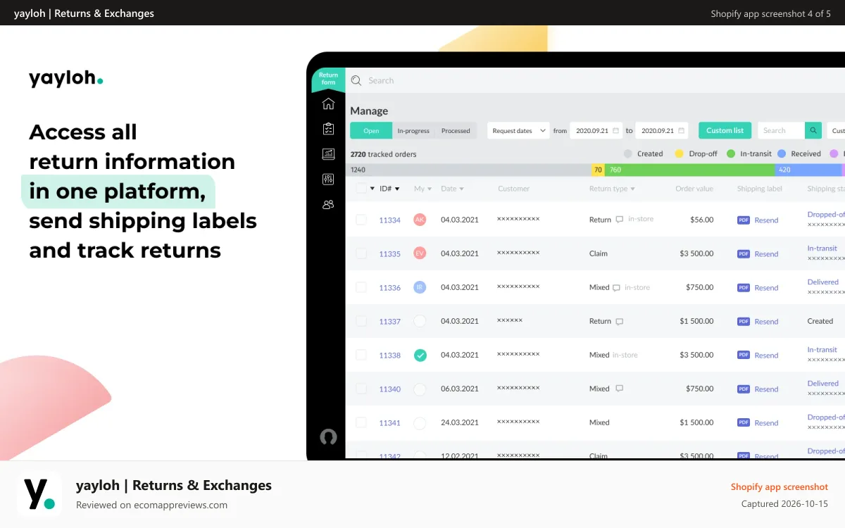 yayloh | Returns & Exchanges Shopify app screenshot: Return management platform to boost customer service efficiency