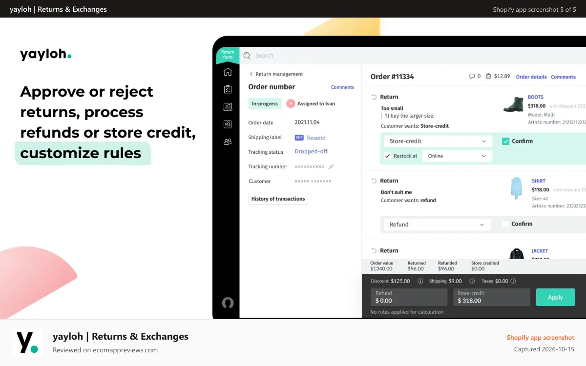 yayloh | Returns & Exchanges Shopify app screenshot: Automated refund and store credit to your shopify store