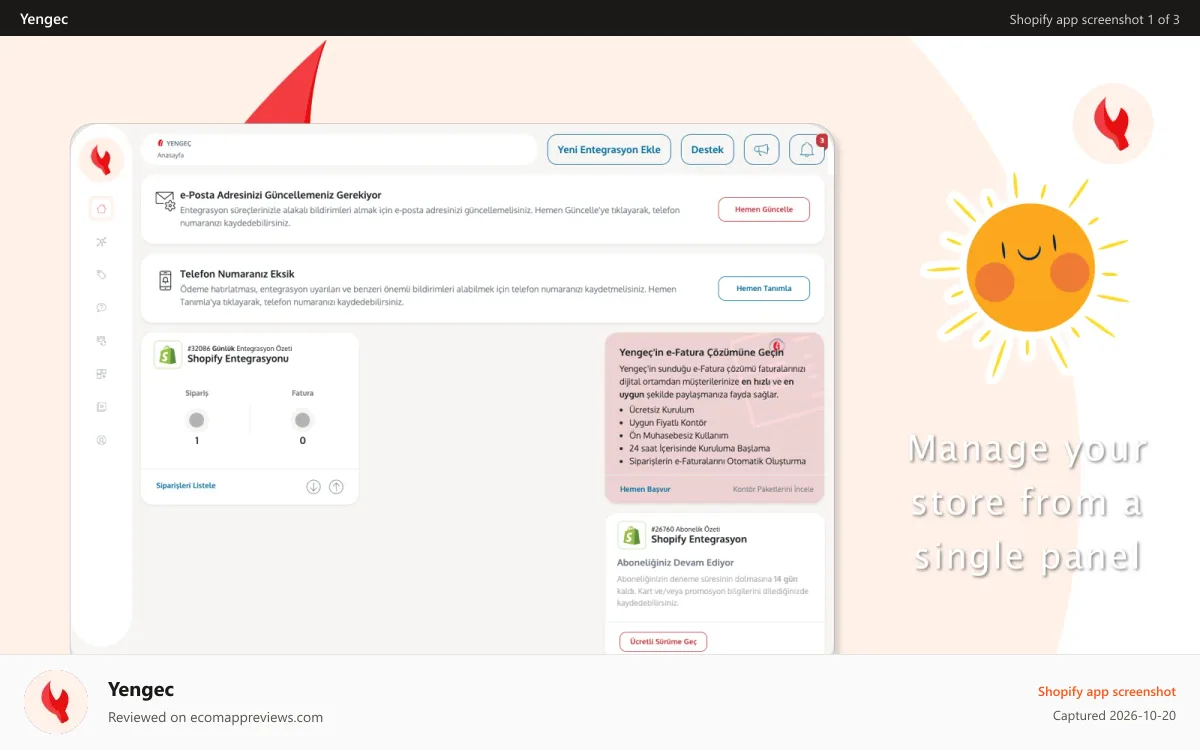 Yengec Shopify app screenshot: Homepage