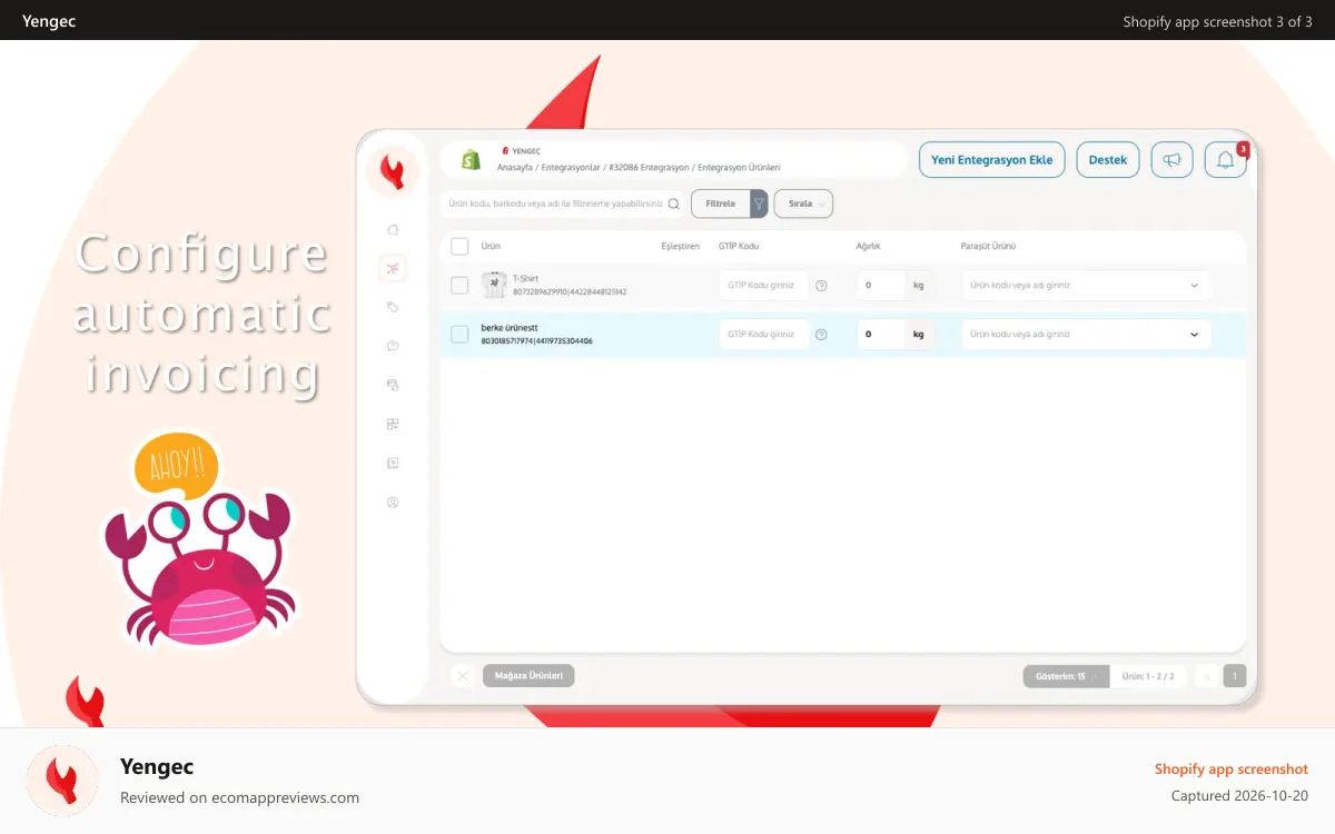 Yengec Shopify app screenshot: Inventory Management