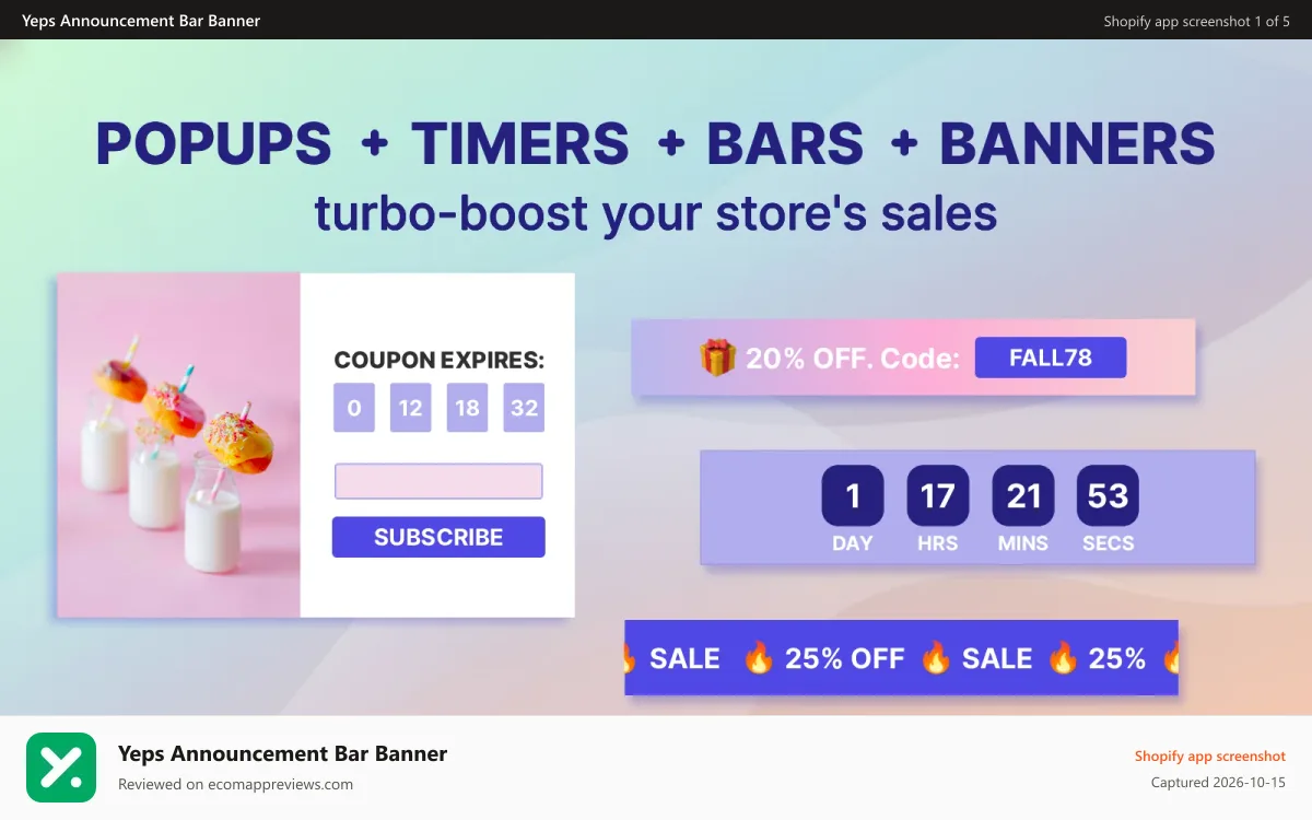 Yeps Announcement Bar Banner Shopify app screenshot: Announcement Bar, Email Popups, Top Bar, Countdown Timer Bar