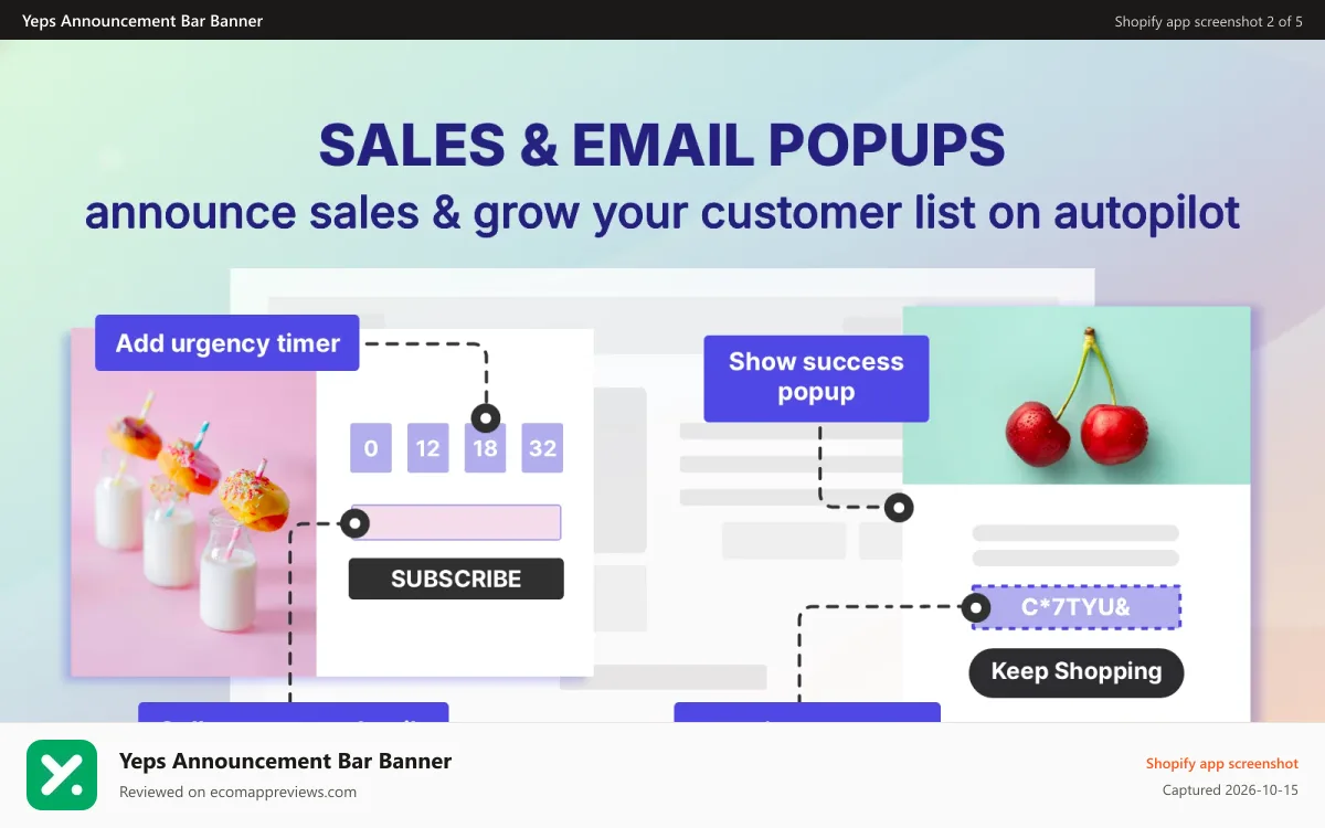 Yeps Announcement Bar Banner Shopify app screenshot: Yeps Email Popups, Forms, Discount Popup, SMS Popups