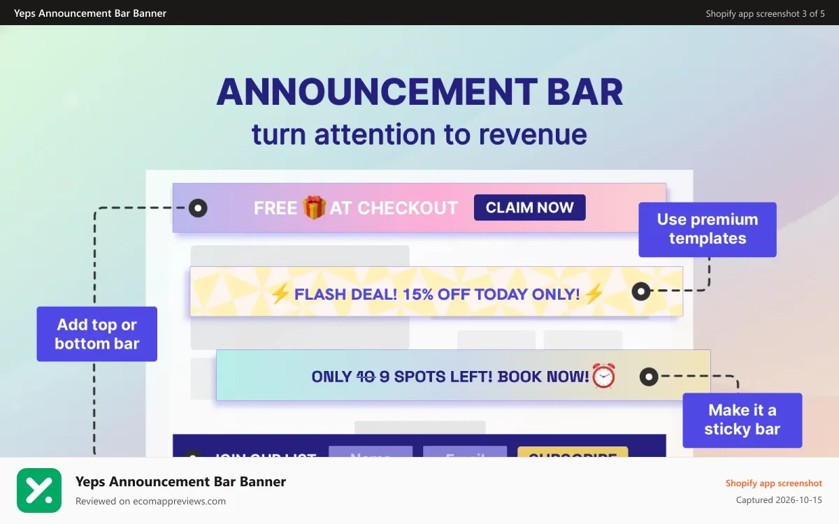 Yeps Announcement Bar Banner Shopify app screenshot: Yeps Announcement Bar, Top Bar, Banners, Header, Fixed Bar