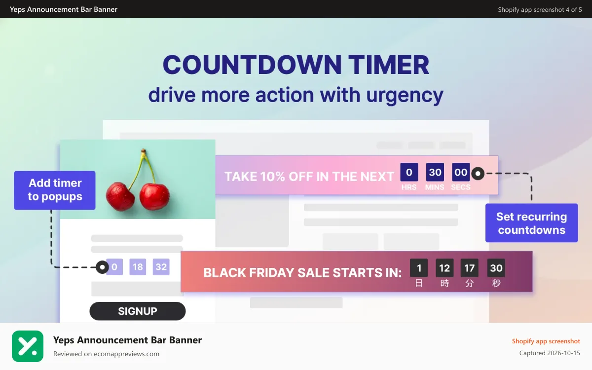 Yeps Announcement Bar Banner Shopify app screenshot: Yeps Countdown Timer Bar, Flash Sales Timer, Sales Countdown Bar