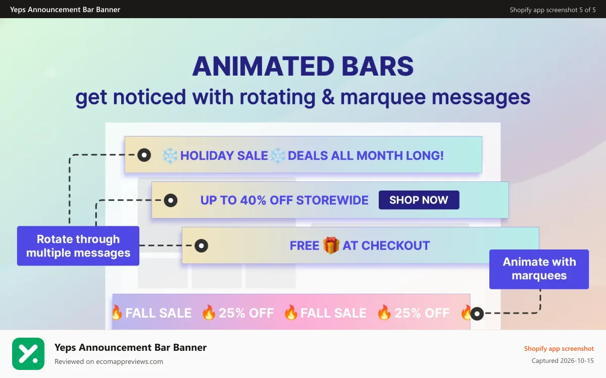 Yeps Announcement Bar Banner Shopify app screenshot: Yeps Rotating Announcement Bar, Scrolling Text, Marquee