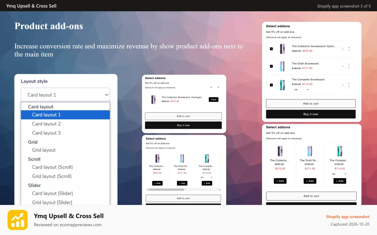 Ymq Upsell & Cross Sell Shopify app screenshot: Product add-ons