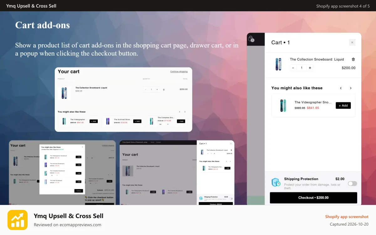 Ymq Upsell & Cross Sell Shopify app screenshot: Cart add-ons