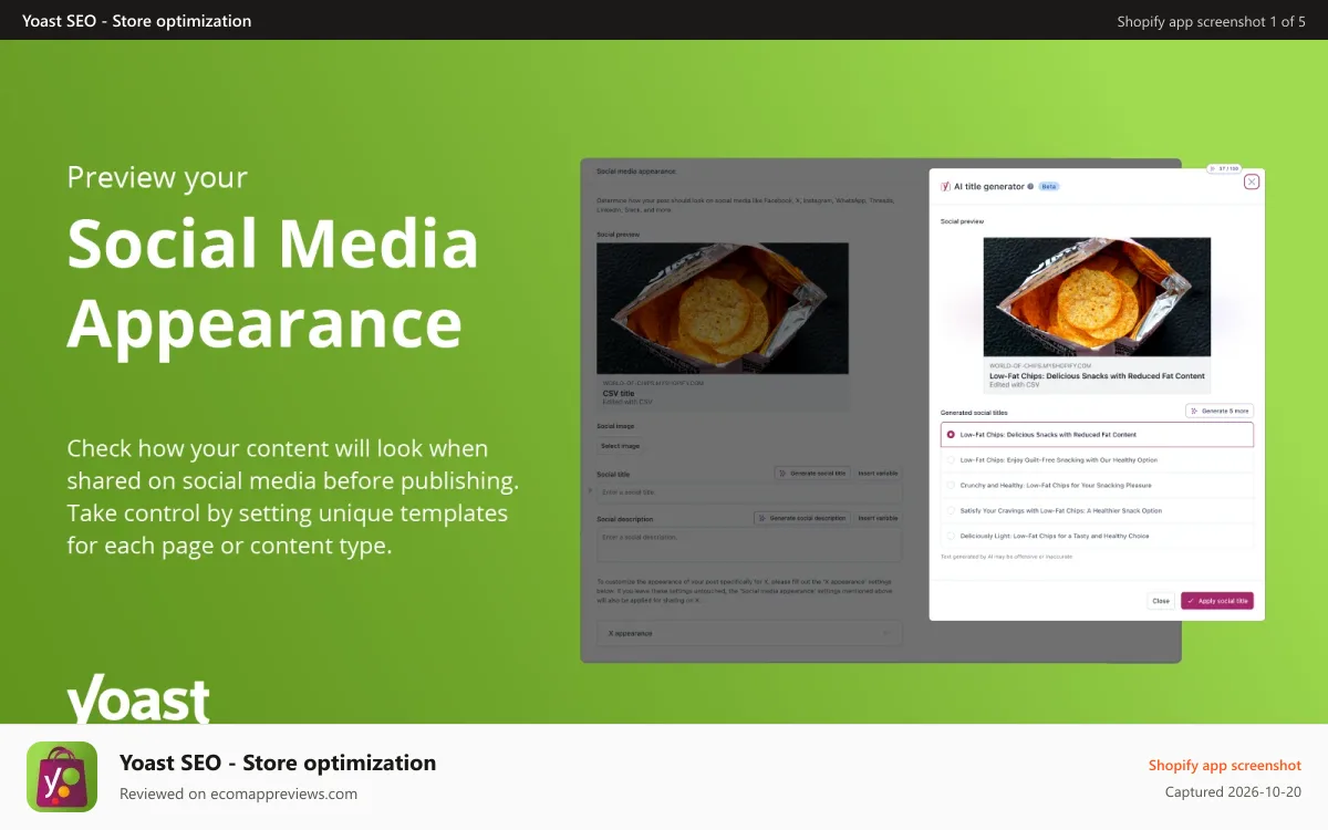 Yoast SEO ‑ Store optimization Shopify app screenshot: Image showcasing the Social Media Appearance tool